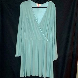 ASOS Club L Slinky Rib Wrap Dress in Smoky Teal, Long Bell Sleeves, BodyCon